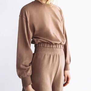 NWT Zara S Crop Sweat Shirt Crew Neck Long Sleeve Brown Tan Camel Sweater Top